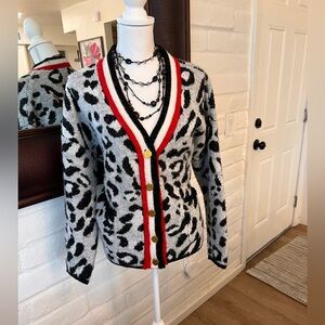 New York & Company Black and White Leopard Sweater with Red Trim size XL